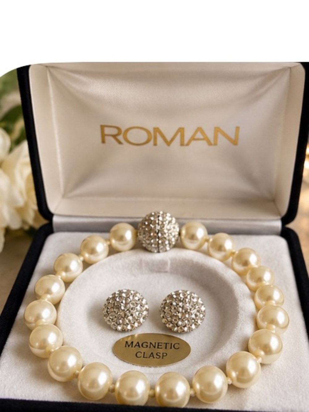 RomanFaux Pearl Bracelet Earrings Set Rhinestone Magnetic Clasp 8” Bridal